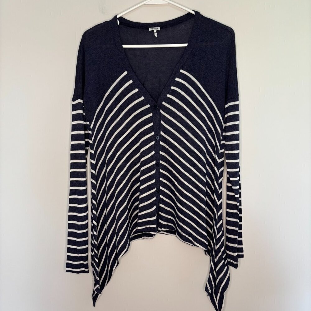 SPLENDID XS Asymmetrical Cardigan Navy White Stripes Stretch Comfy Long Sleeve